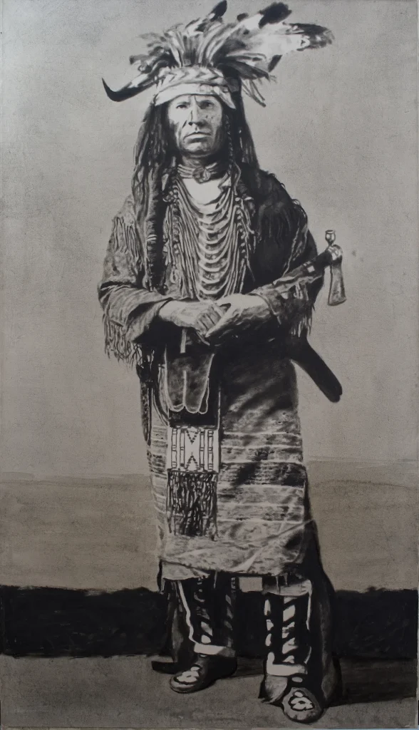 single figure, full length portrait, Native American traditional costume