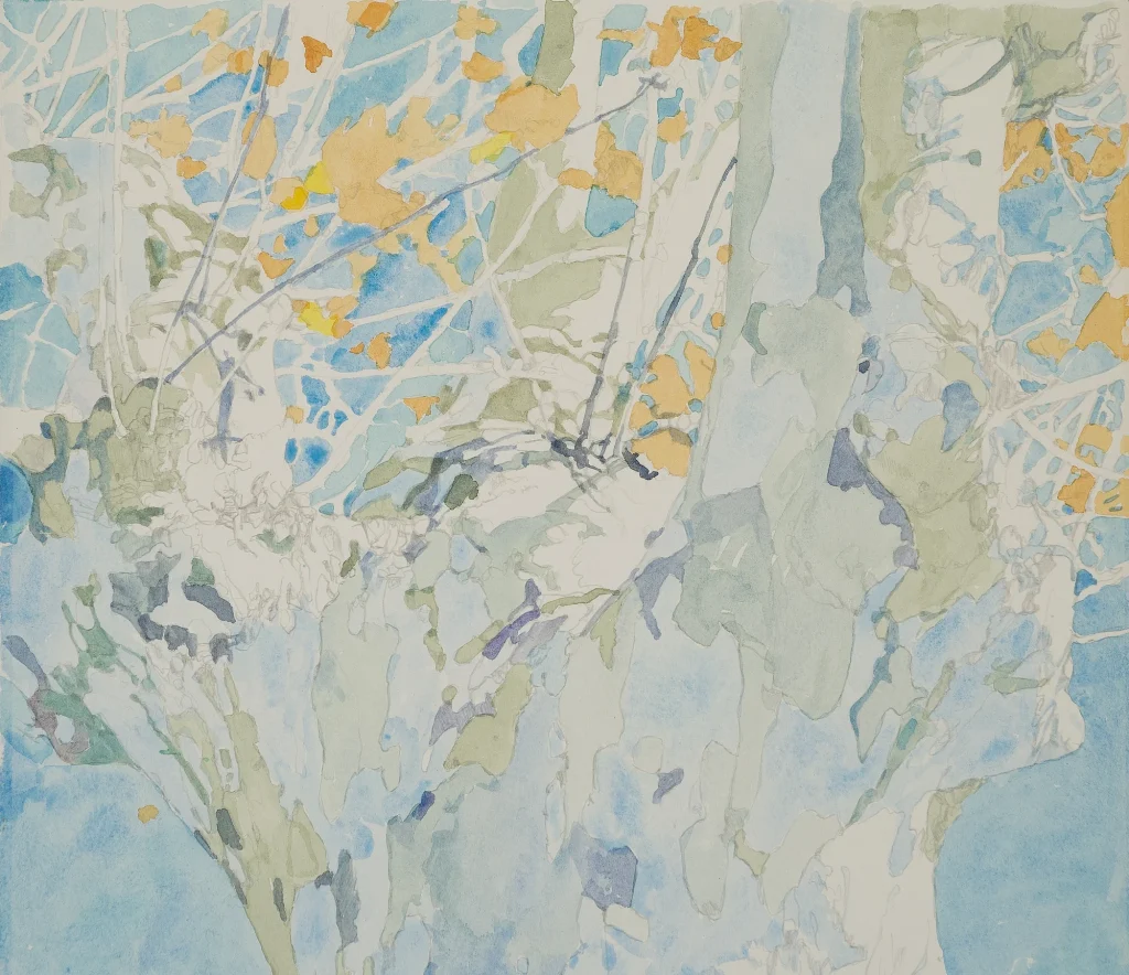 close up of tree trunk, branches and leaves, abstract patterns in blues, greens and orange