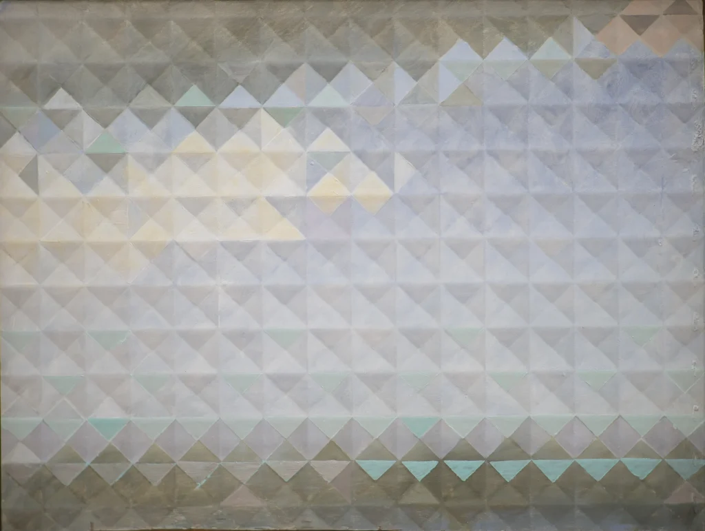 abstract, geometric repeating pattern, small diamonds squares and triangles making up landscape, land water and sky
