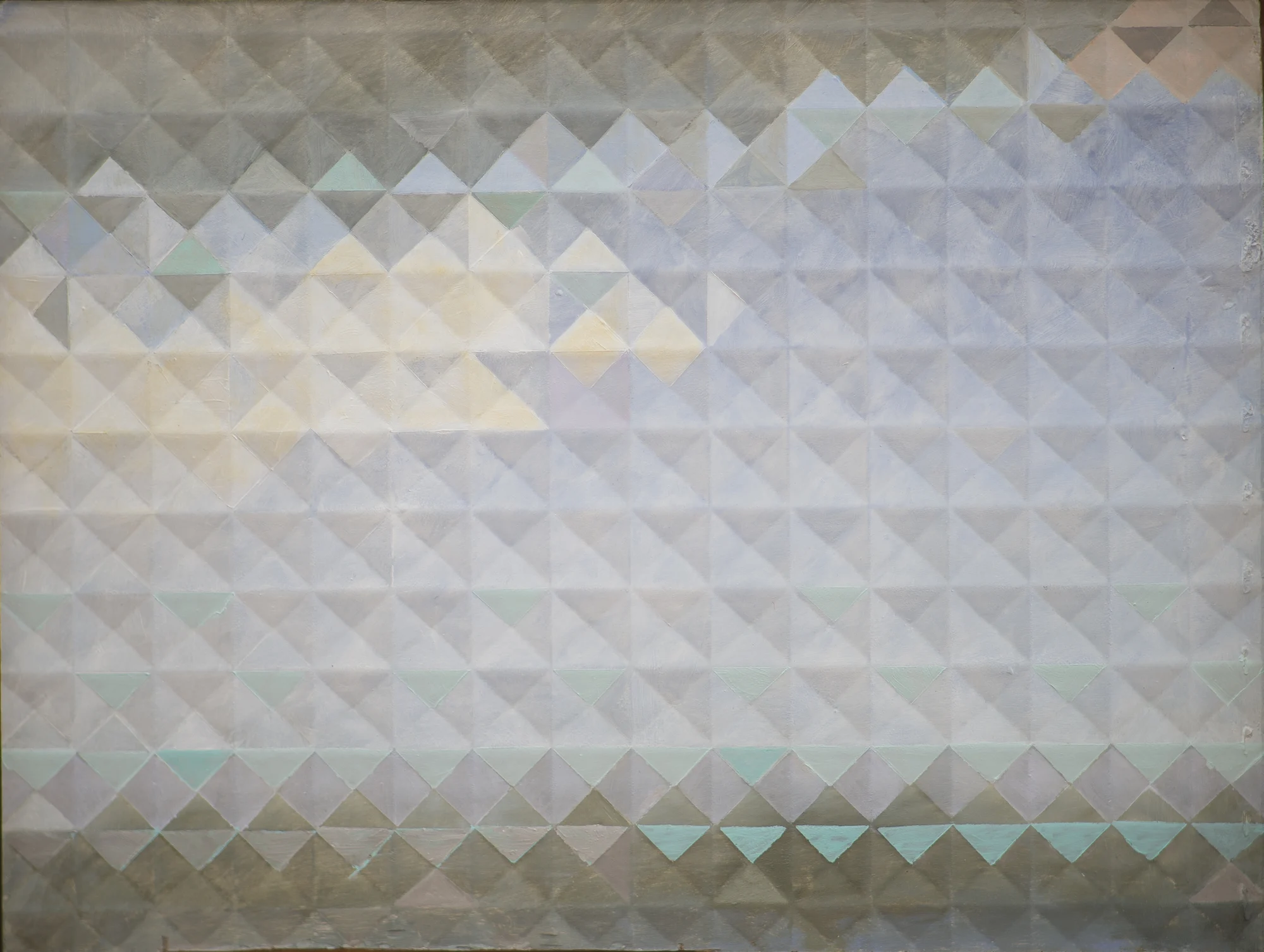 abstract, geometric repeating pattern, small diamonds squares and triangles making up landscape, land water and sky