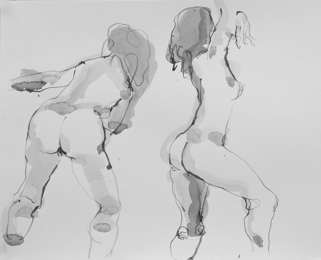 pencil line and abstract translucent watercolor flow drawing, movement gesture, nude human figure