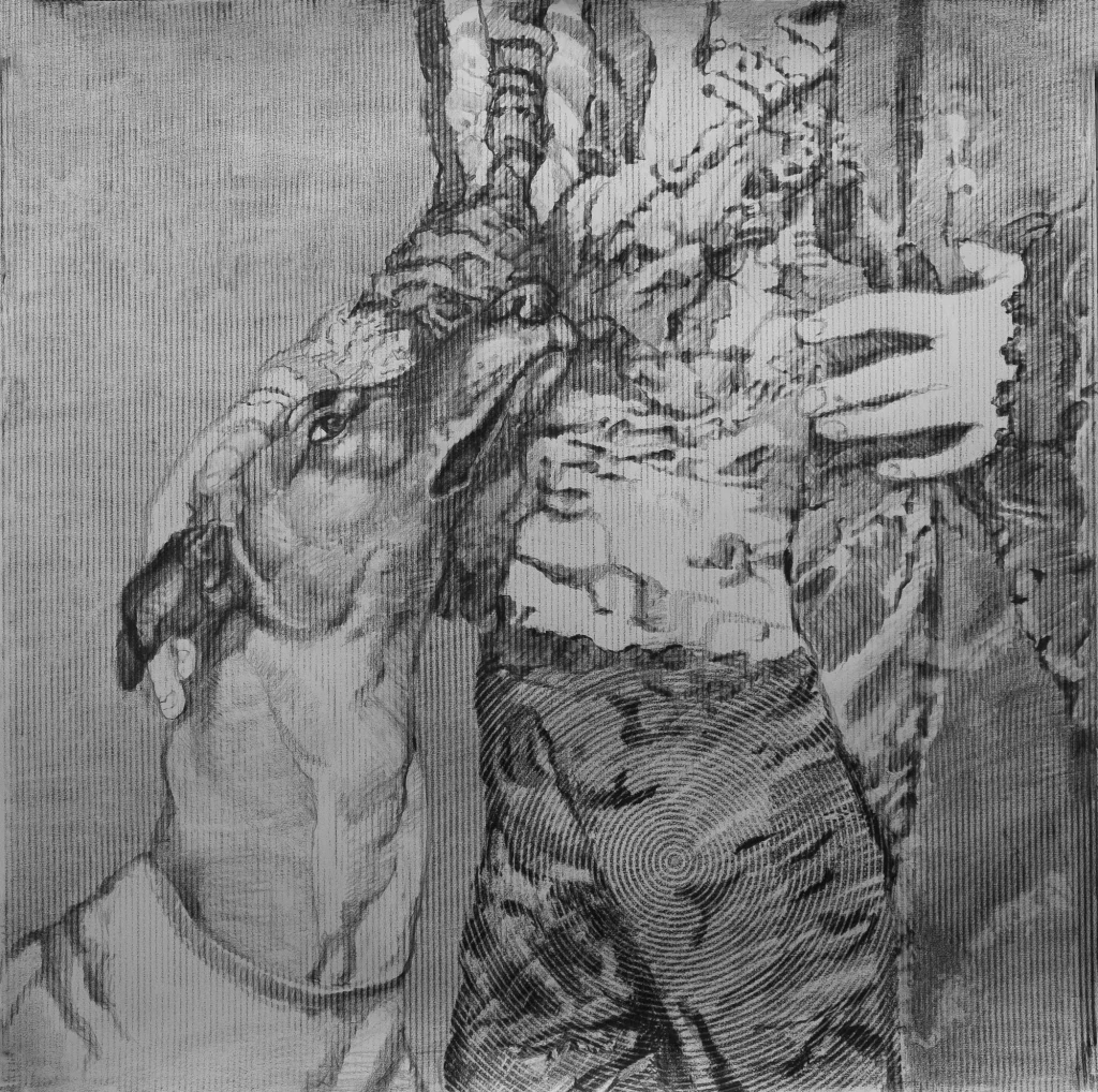 head, neck and shoulders of greyhound dog looking up to the right, beside human figure dressed in sumptuous costume, human hand placed on dog's head