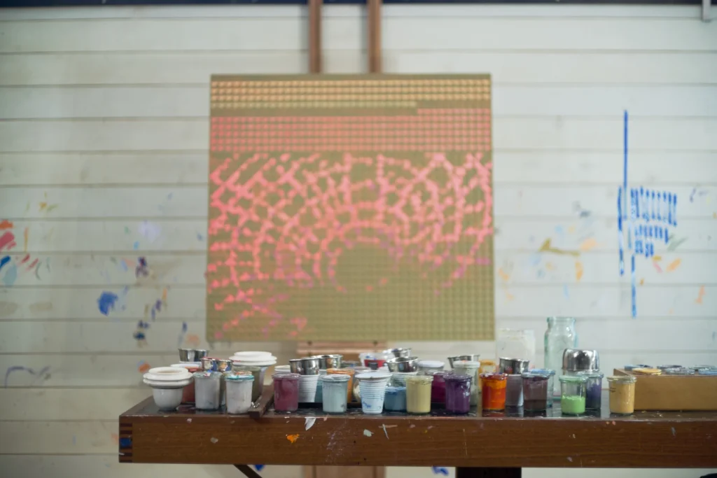 Artist's studio paint jars abstract painting