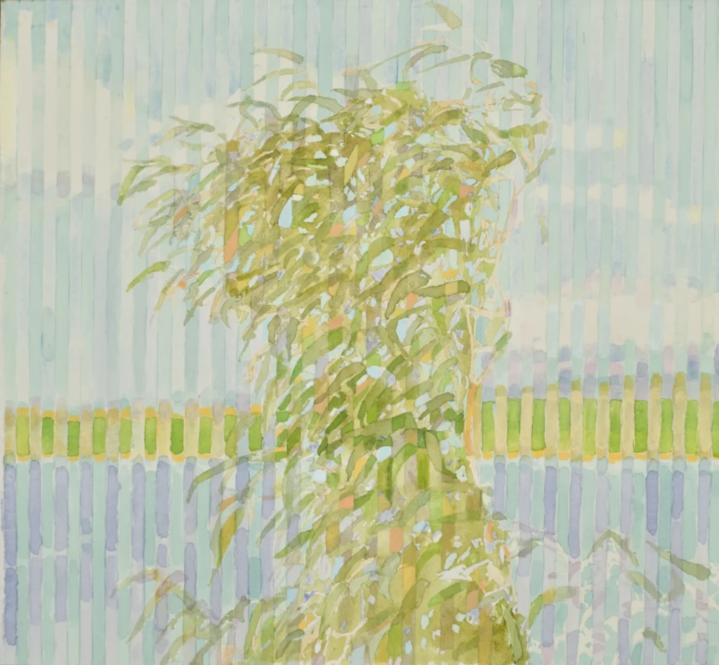 leafy tree with sky water and landscape background colorful in vertical stripes
