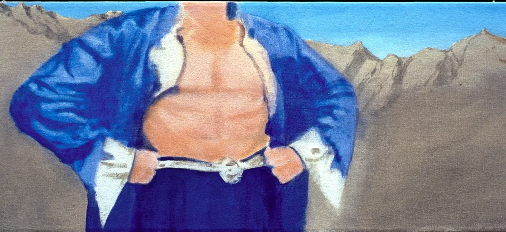 Male torso wearing fancy robe with mountainous landscape in background.