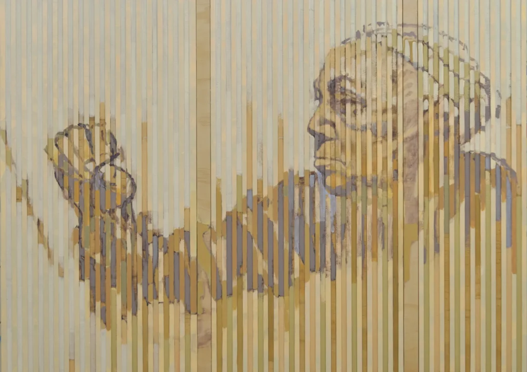 Portrait of artist Kathe Kollwitz in the act of drawing done in vertical stripes and earth tone colors.