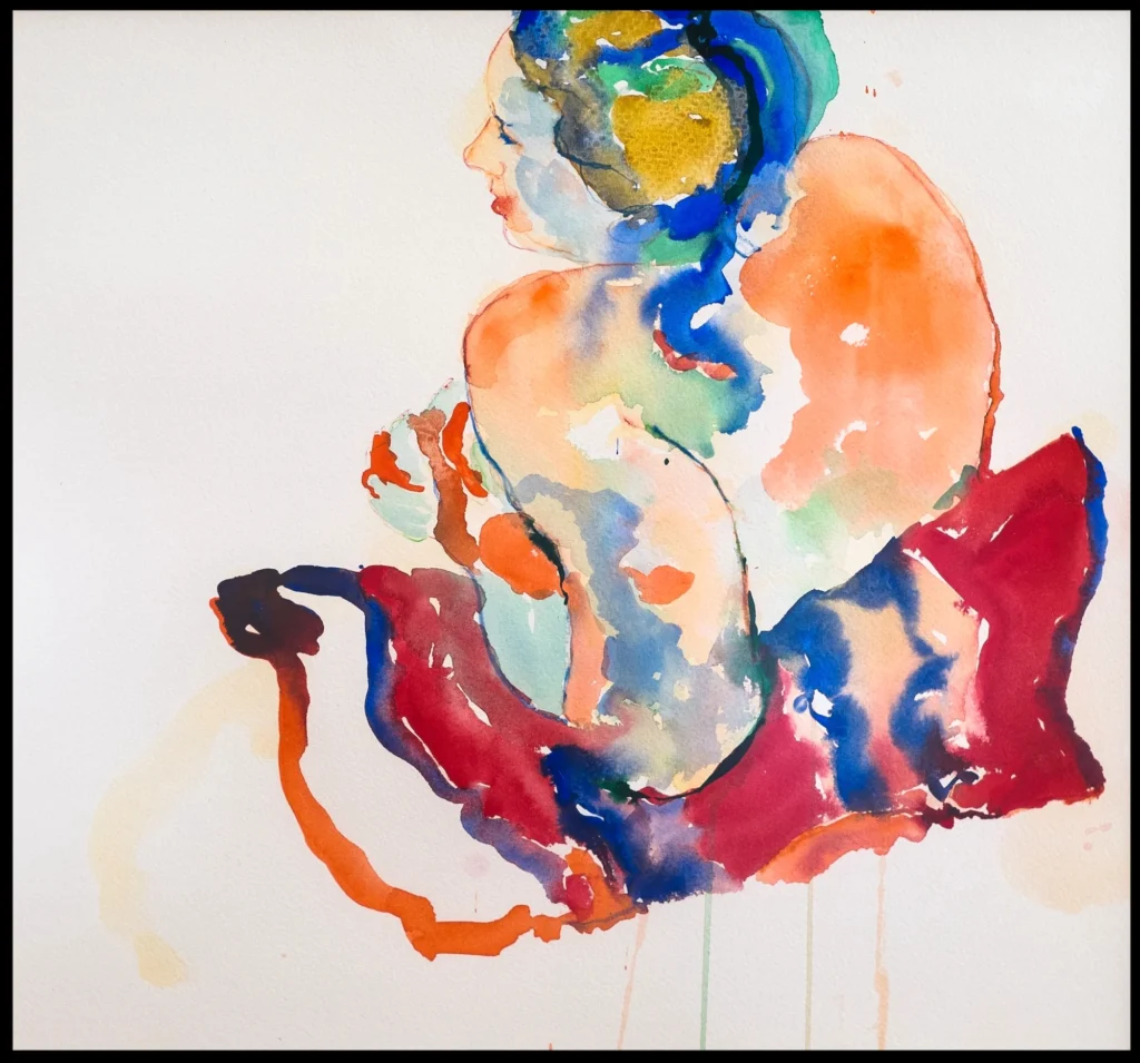 Tony Tavares life drawing in watercolor of head shoulders and back of a reclining human figure colorful abstract portrait