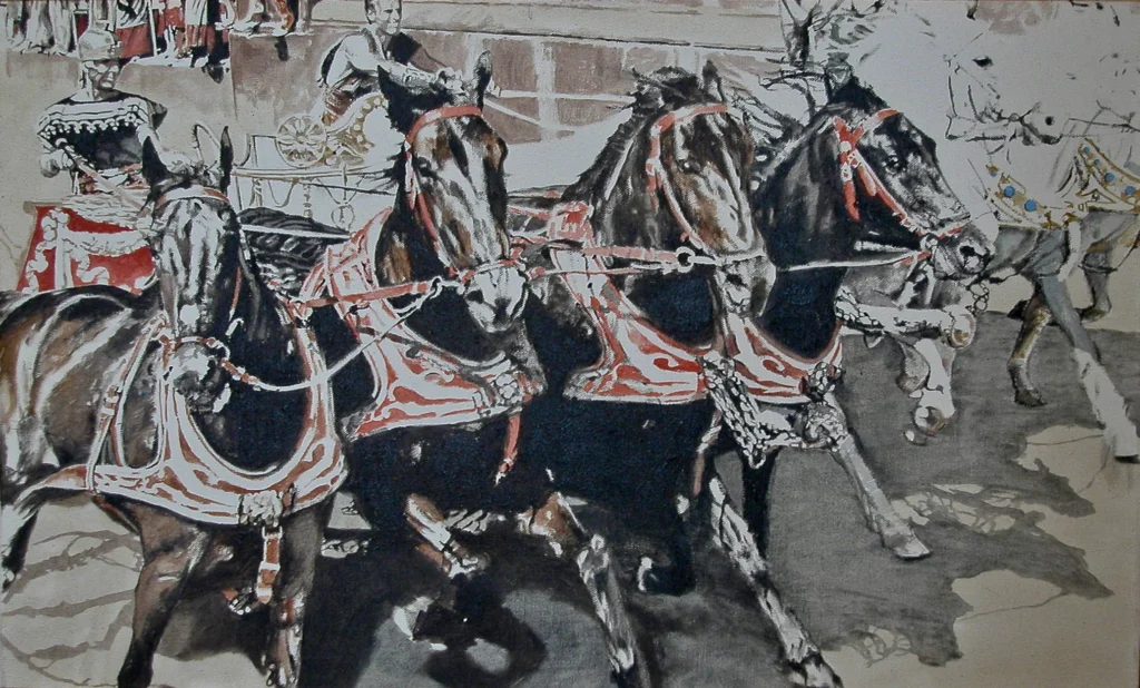 Two men and multiple horses in a chariot race.