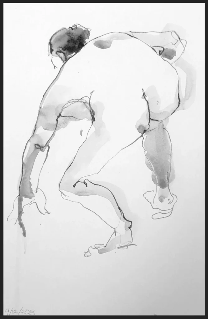 Tony Tavares pencil and watercolor wash on paper life drawing study of a male figure in crouching gesture