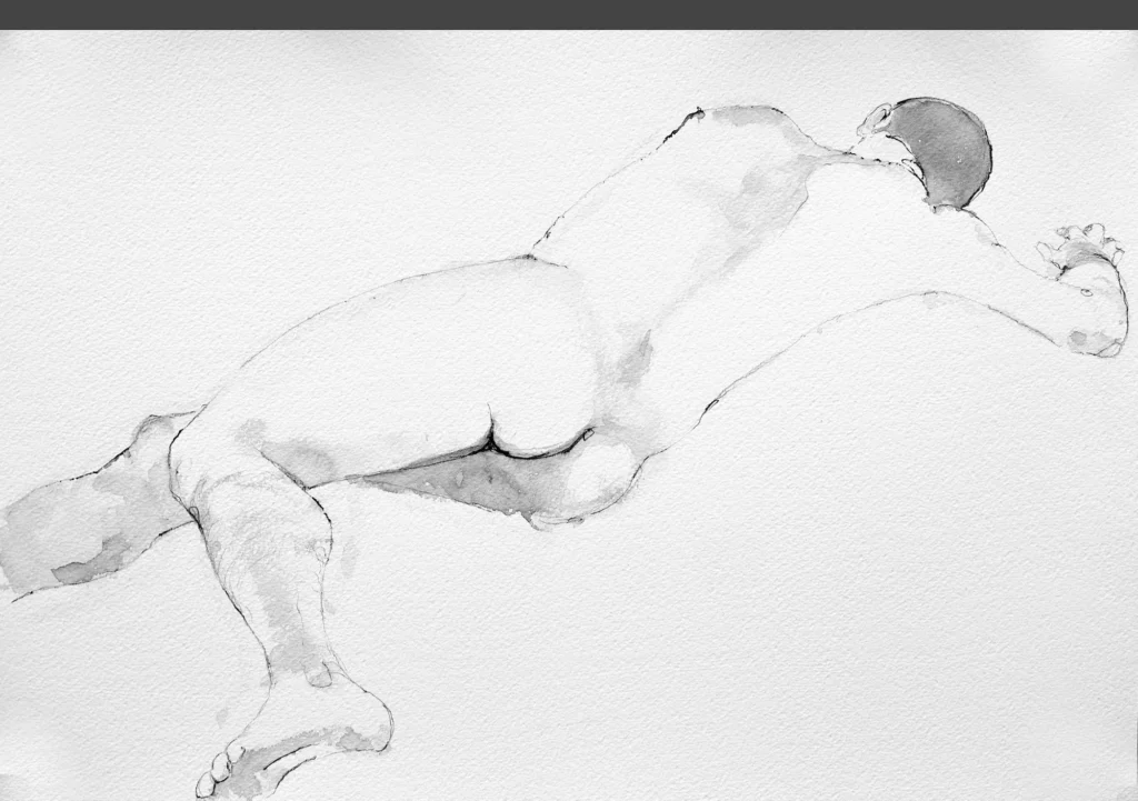 Tony Tavares pencil and watercolor was life drawing of a reclining male figure with a twist-twenty minute pose
