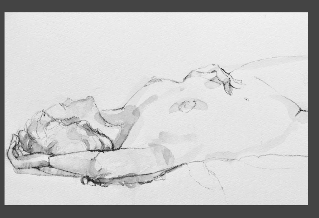Tony Tavares pencil and watercolor wash life drawing of female figure twenty minute recumbent pose with hands